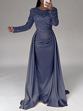cheap CHAMPAGNE-Mermaid Sequin Evening Gown Ruched Champagne Satin Dress Long Sleeves Masquerade Floor Length Illusion Neck with Pearls Overskirt dress 2025