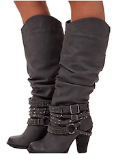 olcso Slouch Boots-női bézs lompos, térdig érő csizma csattal és szegecsekkel, vintage western stílusú őszi és téli alkalmi viselethez