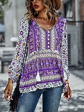 billige Boho topper-Dame Skjorte Boho skjorte Blondeskjorte Bluse Blomstret Mote Langermet V-hals Vanlige topper Avslappet Ferie Blondér Trykt mønster Rød Navyblå Blå Lilla Grønn Vår &amp; Vinter