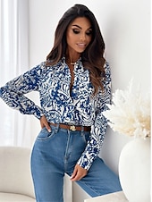 preiswerte Damen Grafik Tops-Damen Hemd Bluse Mode gestreift Knöpfe Tasche Druck Langarm normale Oberteile Hemdkragen Arbeit rot königsblau blau fuchsia braun Frühling&amp;amp;  fallen