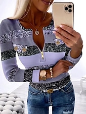 cheap Stripe&amp;Geometric tee-Women&#039;s T Shirt Color Block Fashion Long Sleeve Round Neck Half Zip Regular Tops Daily Weekend Print Quarter Zip Pink Blue Purple Green Gray Spring &amp;  Fall