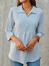 cheap Shirts-Women&#039;s Plus Size Shirt Linen-Inspired Shirts Plain Fashion Casual 3/4 Length Sleeve Bell Sleeve V Neck Shirt Collar Regular Tops Casual Holiday White Royal Blue Dusty Blue Spring &amp;  Fall All Seasons
