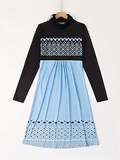 billige Genser og hettegenser-kvinners fritidskjole midikjole blå rosa grå langermet geometrisk trykk print vinter høst turtleneck basic casual høstkjole 2023 s m l xl xxl 3xl 4xl 5xl