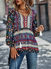 billige Boho topper-Dame Skjorte Boho skjorte Blondeskjorte Bluse Blomstret Mote Langermet V-hals Vanlige topper Avslappet Ferie Blondér Trykt mønster Rød Navyblå Blå Lilla Grønn Vår &amp; Vinter