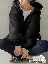 cheap Hoodies &amp; Sweatshirts-Women&#039;s Solid Color Warm Teddy Fuzzy Long Sleeve Hoodie Half Zip Regular Tops Street Casual Drawstring Front Pocket Quarter Zip Black Wine Dark Gray Coffee Gray Fall &amp; Winter