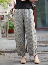 cheap Wide Leg &amp; High Waisted-Women&#039;s Wide Leg Pants Trousers Linen Cotton Blend Plaid High Waist Full Length Black Fall