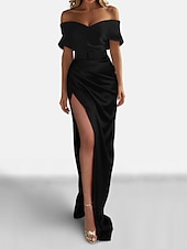 preiswerte GRÜN-Sheath Abendkleid Elegantes Kleid Formell Sweep  Pinselzug Kurzarm Off-Shoulder Satin mit gerafftem Schlitz