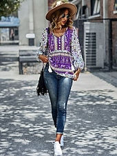 billige Boho topper-Dame Skjorte Boho skjorte Blondeskjorte Bluse Blomstret Mote Langermet V-hals Vanlige topper Avslappet Ferie Blondér Trykt mønster Rød Navyblå Blå Lilla Grønn Vår &amp; Vinter