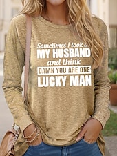abordables T-shirt Humor &amp; Citations-Femme T shirt Lettre Famille Mode manche longue Col Rond Hauts réguliers du quotidien Fin de semaine Imprimer Noir Rose Claire Bleu Vert Kaki Printemps &amp; Automne Printemps, Août, Hiver, Eté