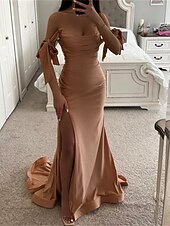 cheap Weddings &amp; Events-Mermaid / Trumpet Prom Dresses Corsets Dress Formal Evening Party Court Train Sleeveless Off Shoulder Satin with Bow(s) Ruched Slit 2024