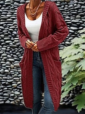baratos Cardigãs e agasalhos-Mulheres Carregam Moda Roupa de rua Casual Côr Sólida Cabo Com Capuz Bolsos Tricotado Manga Longa Tops regulares Tricotar Ao ar livre Diário Para Noite Vinho Verde Tropa Outono Inverno
