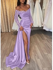 abordables Champagne-Robe de Soirée Sirène Robe Sequins Invité de Mariage Traîne Longue Manches Longues Épaules Dénudées Automne Réception de Mariage Satin avec Fente Ruchée Robe de Mascarade 2025
