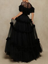 cheap Prom Dresses-A-Line Prom Dresses Elegant Dress Formal Floor Length Short Sleeve Jewel Neck Tulle with Pleats Ruffles 2025