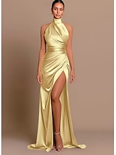 preiswerte Rosa-Strandhochzeit Meerjungfrau Abendkleid hoher Schlitz Kleid Hochzeitsgast Sweep  Brush Train ärmellos Halterneck Brautjungfernkleid Charmeuse mit Falten Maskerade Kleid 2025