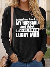 abordables T-shirt Humor &amp; Citations-Femme T shirt Lettre Famille Mode manche longue Col Rond Hauts réguliers du quotidien Fin de semaine Imprimer Noir Rose Claire Bleu Vert Kaki Printemps &amp; Automne Printemps, Août, Hiver, Eté