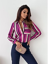 preiswerte Damen Grafik Tops-Damen Hemd Bluse Mode gestreift Knöpfe Tasche Druck Langarm normale Oberteile Hemdkragen Arbeit rot königsblau blau fuchsia braun Frühling&amp;amp;  fallen