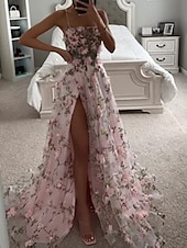 baratos Vestidos Baile Formatura-Vestidos de Formatura A-Line Corsets Vestido Formal Festa Noturna Cauda de Corte Sem Mangas Alça de Espaguete Tule com Fenda 2025