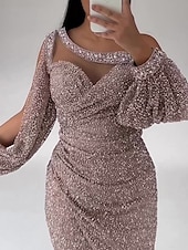 preiswerte GRAU-Meerjungfrau Paillettiertes Abendkleid Partykleid formelles Sweep-/Pinselzug lange Ärmel Scoop-Ausschnitt mit Glitzer Raffung Schlitz Maskerade-Kleid 2025