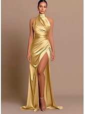 preiswerte Rosa-Strandhochzeit Meerjungfrau Abendkleid hoher Schlitz Kleid Hochzeitsgast Sweep  Brush Train ärmellos Halterneck Brautjungfernkleid Charmeuse mit Falten Maskerade Kleid 2025
