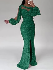 preiswerte GRAU-Meerjungfrau Paillettiertes Abendkleid Partykleid formelles Sweep-/Pinselzug lange Ärmel Scoop-Ausschnitt mit Glitzer Raffung Schlitz Maskerade-Kleid 2025