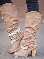 olcso Slouch Boots-női bézs lompos, térdig érő csizma csattal és szegecsekkel, vintage western stílusú őszi és téli alkalmi viselethez