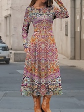 abordables Robe Boho-Femmes Robe Midi Robe Décontractée Robe d&#039;Hiver Robe Ethnique Robe évasée ancien Ethnique Tribal Formel Extérieur Vacances Coupe régulière Fleuri Géométrique Bloc de Couleur manche longue Col ras du