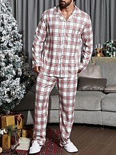 billiga Pyjamas-Herr Vardagsklädsel Sovkläder Pyjamas set Pyjamastopp och byxa 2 delar Rutig Stylish Ledigt Komfort Hem Dagligen Säng Bomullsblandning Komfort Mjuk Kavajslag Långärmad Skjorta Byxa Snörning Elastisk