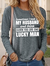 abordables T-shirt Humor &amp; Citations-Femme T shirt Lettre Famille Mode manche longue Col Rond Hauts réguliers du quotidien Fin de semaine Imprimer Noir Rose Claire Bleu Vert Kaki Printemps &amp; Automne Printemps, Août, Hiver, Eté