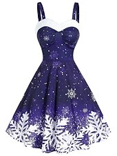 preiswerte Weihnachtskleider-Damen Polyester Winterkleid Unterkleid Schneeflockendruck Träger Midikleid Party Date Ärmellos Herbst Winter