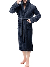 preiswerte Morgenröcke-Herren Schlafanzug Morgenmantel Bademantel 1 pcs Glatt Stilvoll Brautkleider schlicht Komfort Heim Täglich Bett Vlies Komfort Warm Kapuzenpullover Langarm Tasche Herbst Winter Schwarz Dunkelblau