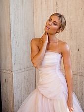 baratos Rosa-Vestido de Gala A-Line Elegante Vestido Formal Cauda de Corte Sem Mangas Sem Alças Tule com Pregas Pregas 2025