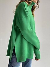 olcso Pulóverek és felsők-Női Pulóver pulóver Körgallér Bordázott Kötött Sodort fonal Hasított Kötött Ősz Tél Szokványos Szabadtéri Napi Alkalmi Divat Utcai sikk Alkalmi Hosszú ujj Tömör szín Sárga Sötétkék Narancssárga S M L