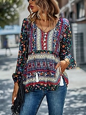 billige Boho topper-Dame Skjorte Boho skjorte Blondeskjorte Bluse Blomstret Mote Langermet V-hals Vanlige topper Avslappet Ferie Blondér Trykt mønster Rød Navyblå Blå Lilla Grønn Vår &amp; Vinter
