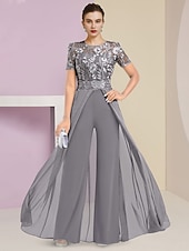 cheap Mom&#039;s Jumpsuits-Beach Wedding Jumpsuit / Pantsuit Mother of the Bride  Wedding Guest Elegant Jewel Neck Ankle Length Stretch Chiffon Short Sleeve with Lace Pleats free custom size