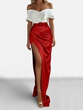 preiswerte GRÜN-Sheath Abendkleid Elegantes Kleid Formell Sweep  Pinselzug Kurzarm Off-Shoulder Satin mit gerafftem Schlitz