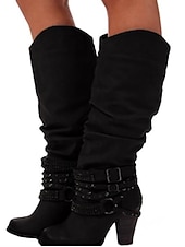 olcso Slouch Boots-női bézs lompos, térdig érő csizma csattal és szegecsekkel, vintage western stílusú őszi és téli alkalmi viselethez