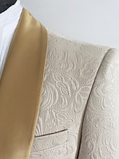 preiswerte Hochzeitsanzüge-Zweiteiliger Herren-Smoking aus champagnerfarbenem Jacquard-Stoff, schmal geschnitten – ideal für Hochzeiten, Abschlussbälle und Dinnerpartys. Der Anzug besteht aus einem einreihigen Blazer mit Schalkragen und passender Hose. Erhältlich in Burgunderrot, G