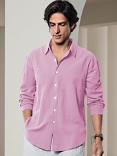 billiga lyxiga linneskjortor-10% linne Button-Down Herr Skjorta linneskjorta Vit Rodnande Rosa Marinblå Långärmad Ensfärgat Krage Vår &amp; sommar Ledigt Dagligen Kläder