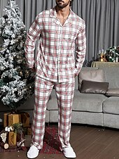 billiga Pyjamas-Herr Vardagsklädsel Sovkläder Pyjamas set Pyjamastopp och byxa 2 delar Rutig Stylish Ledigt Komfort Hem Dagligen Säng Bomullsblandning Komfort Mjuk Kavajslag Långärmad Skjorta Byxa Snörning Elastisk