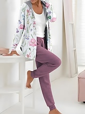 billige Sweatsuits for kvinner-Dame 2 Deler Aktiv Daglig Hettegenser Track Suit Bukser Sett Bukser Langermet Hette Blomster Snortrykk Utendørs Fritid Hvit Rosa Mørk Marine Høst  Vinter Vanlig Passform