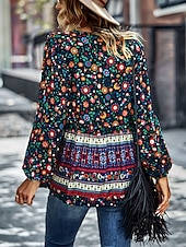 billige Boho topper-Dame Skjorte Boho skjorte Blondeskjorte Bluse Blomstret Mote Langermet V-hals Vanlige topper Avslappet Ferie Blondér Trykt mønster Rød Navyblå Blå Lilla Grønn Vår &amp; Vinter