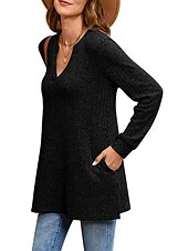 preiswerte Damen Einfache Oberteile-Damen Hemd Bluse Mode Tasche Langarm Lange Tops V-Ausschnitt Casual Schwarz Rosa Armeegrün Rot Staubblau Frühling&amp;amp;  fallen