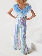 billige Blomsterpikekjoler-Jumpsuits Sweep  Brush Train Blomsterjente Kjole Fødselsdagsjenter Søte Promkjole Chiffon med Fjær  Pels Glitter  Glitring Passer 3-16 år