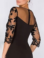 preiswerte SCHWARZ-A-Linie Abendkleid Schwarzes Kleid Kleid Hochzeitsgast Herbst Gericht Zug 3/4 Länge Ärmel Juwel-Ausschnitt Satin mit Perlen Schlitzapplikationen 2025