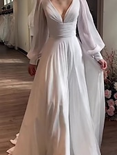 cheap Casual Wedding Dresses-Simple Wedding Dresses Little White Dress Bridal Shower Dresses Wedding Dresses A-Line V Neck Long Sleeve Court Train Chiffon Bridal Gowns With Pleats Ruched