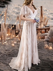 economico abiti da sposa casual-Abiti da sposa sulla spiaggia abiti da sposa sexy in colore Boho A-Line scollatura a V maniche corte strascico in pizzo abiti da sposa con passamaneria/ribbons 2025