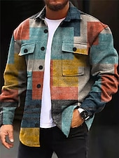 economico giacca camicia da uomo-Per uomo A quadri Geometrica Geometria Camicia Giacca da camicia Sovracamicia Manica lunga Informale Esterno Strada Casual / quotidiano Autunno inverno Collo ripiegabile Bottoni Tasche Stampa Giallo