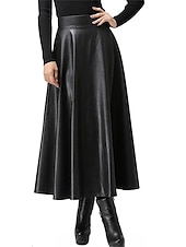 olcso Sima szoknyák-Női Szoknya Hosszú szoknya Elegáns Divat Alkalmi Midi Magas derék Szoknyák Egyszínű Fodrozott Vakáció Utca Fekete Ősz &amp; tél Bőrutánzat
