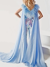 billige Blomsterpikekjoler-Jumpsuits Sweep  Brush Train Blomsterjente Kjole Fødselsdagsjenter Søte Promkjole Chiffon med Fjær  Pels Glitter  Glitring Passer 3-16 år