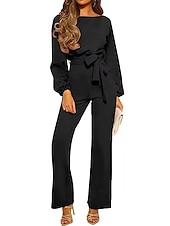 olcso overálok-Női Szabályos Jumpsuitek Elegáns Tömör szín Hosszú ujj Terített nyak Fűzős Magas derék Munka Utca Normál Fekete Sárgabarack Ősz